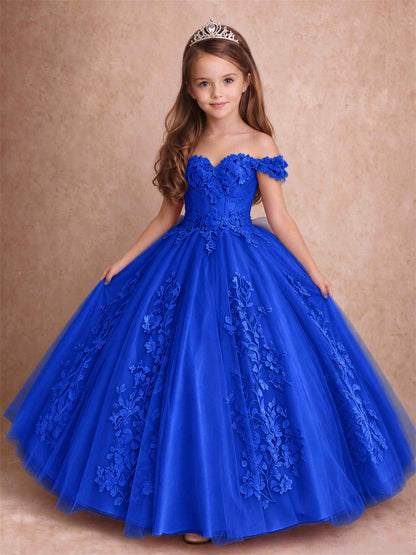 Off The Shoulder 3D Floral Lace Tulle Girls Pageant Dresses Princess Ball Gown