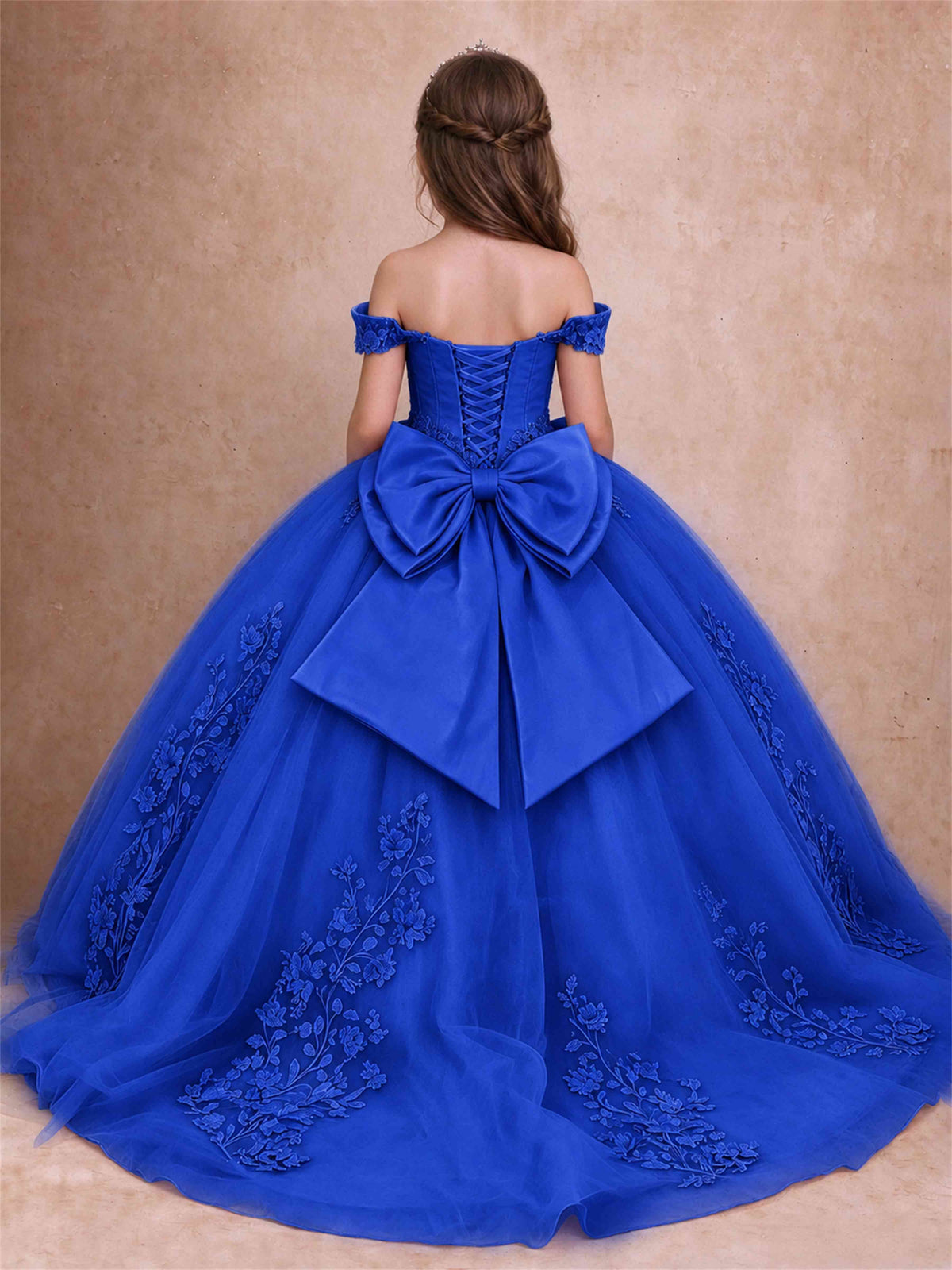 Off The Shoulder 3D Floral Lace Tulle Girls Pageant Dresses Princess Ball Gown
