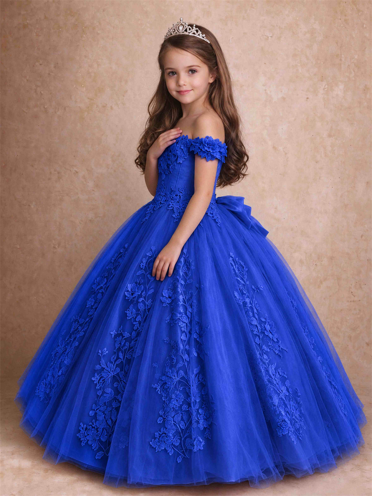 Off The Shoulder 3D Floral Lace Tulle Girls Pageant Dresses Princess Ball Gown