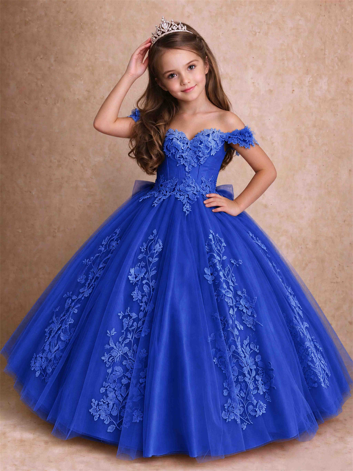 Off The Shoulder 3D Floral Lace Tulle Girls Pageant Dresses Princess Ball Gown