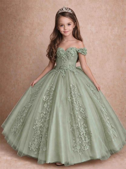 Off The Shoulder 3D Floral Lace Tulle Girls Pageant Dresses Princess Ball Gown