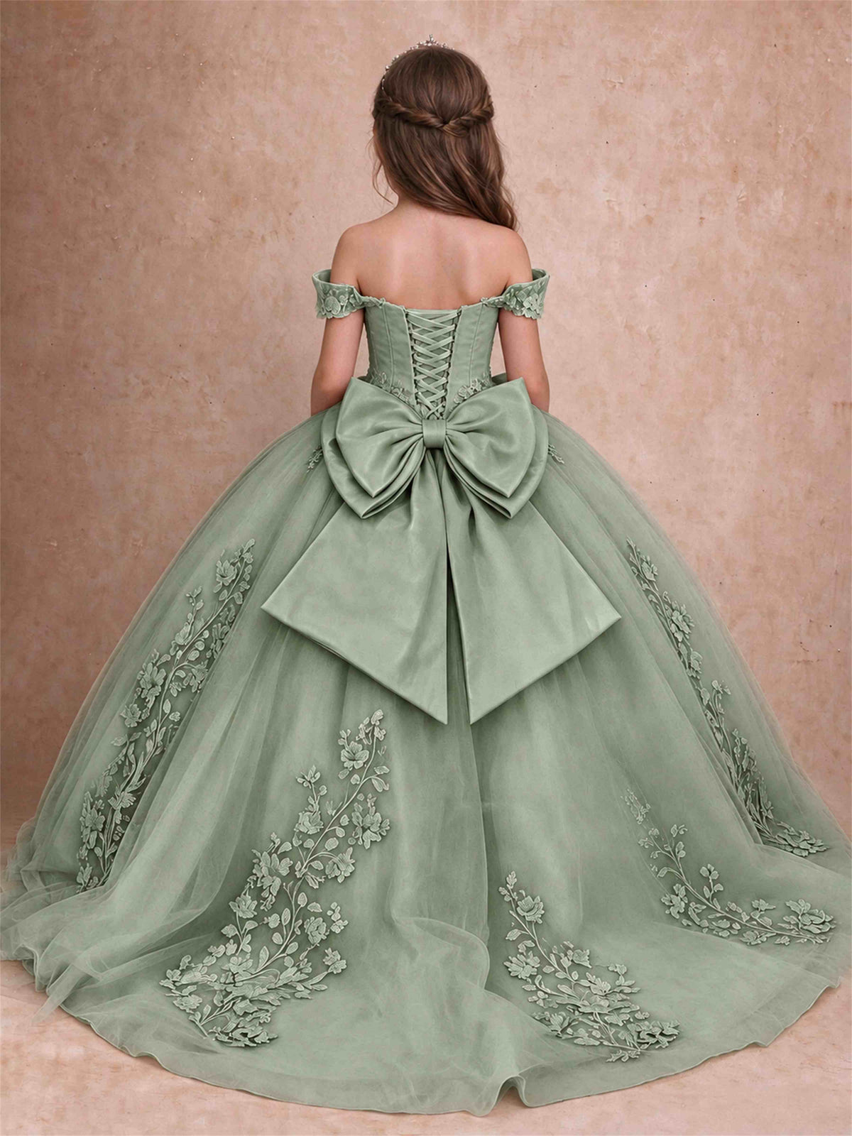 Off The Shoulder 3D Floral Lace Tulle Girls Pageant Dresses Princess Ball Gown