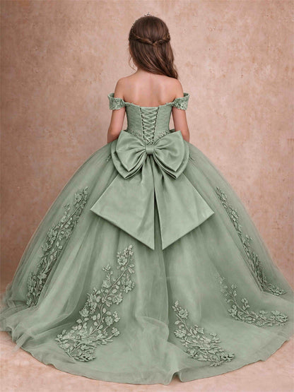 Off The Shoulder 3D Floral Lace Tulle Girls Pageant Dresses Princess Ball Gown