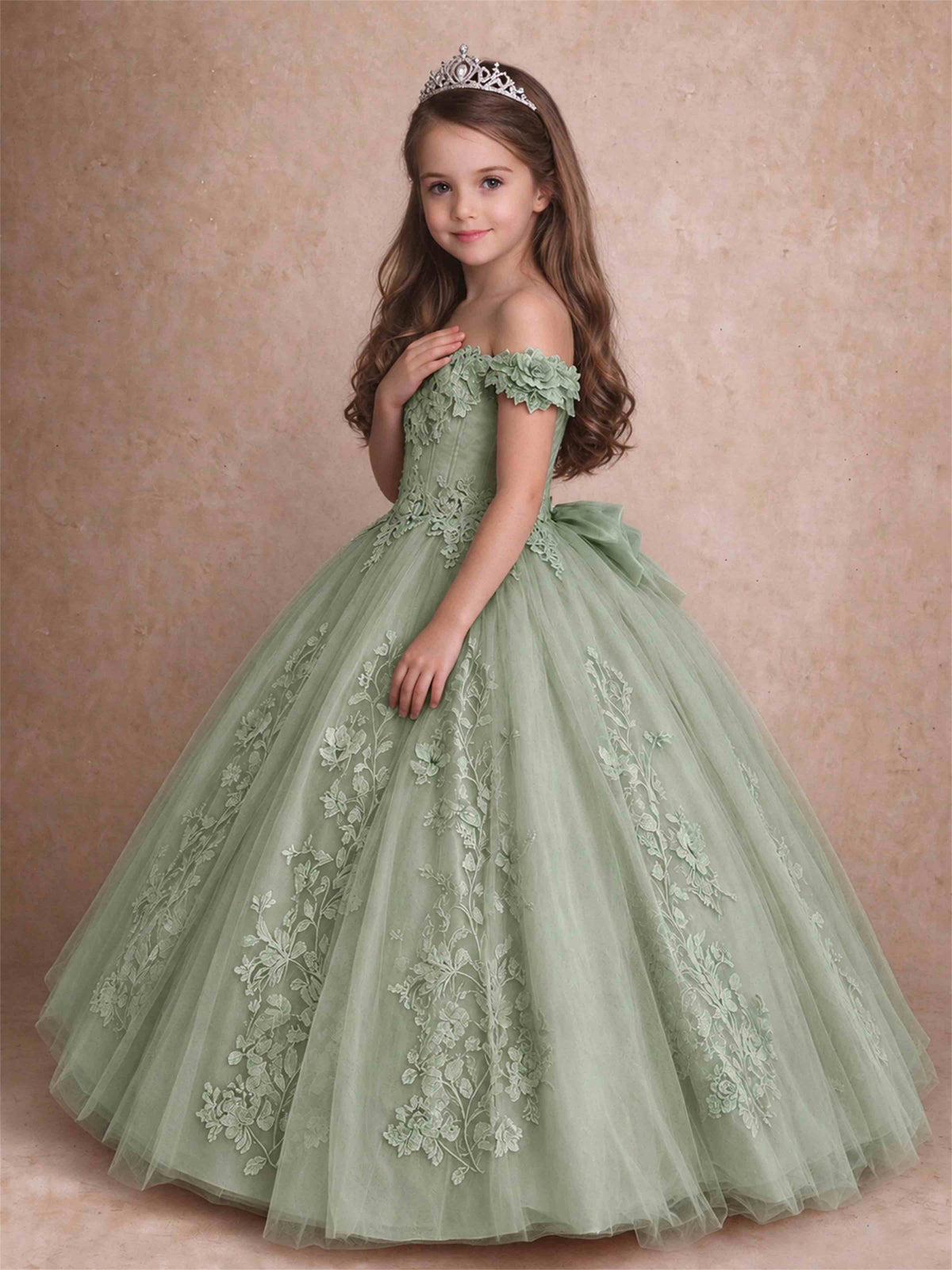 Off The Shoulder 3D Floral Lace Tulle Girls Pageant Dresses Princess Ball Gown