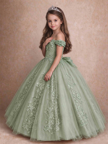 Off The Shoulder 3D Floral Lace Tulle Girls Pageant Dresses Princess Ball Gown