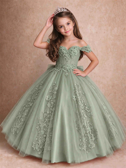 Off The Shoulder 3D Floral Lace Tulle Girls Pageant Dresses Princess Ball Gown