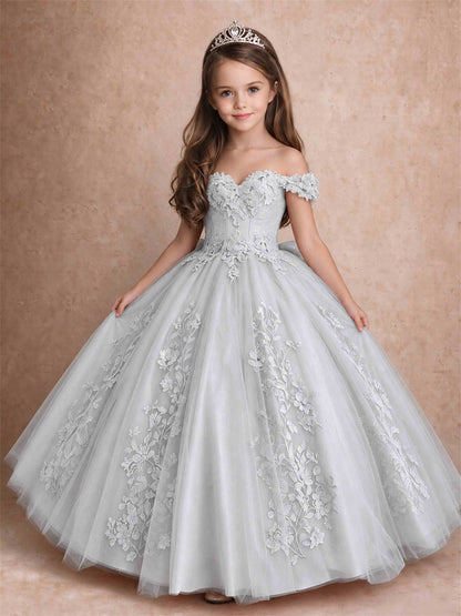 Off The Shoulder 3D Floral Lace Tulle Girls Pageant Dresses Princess Ball Gown