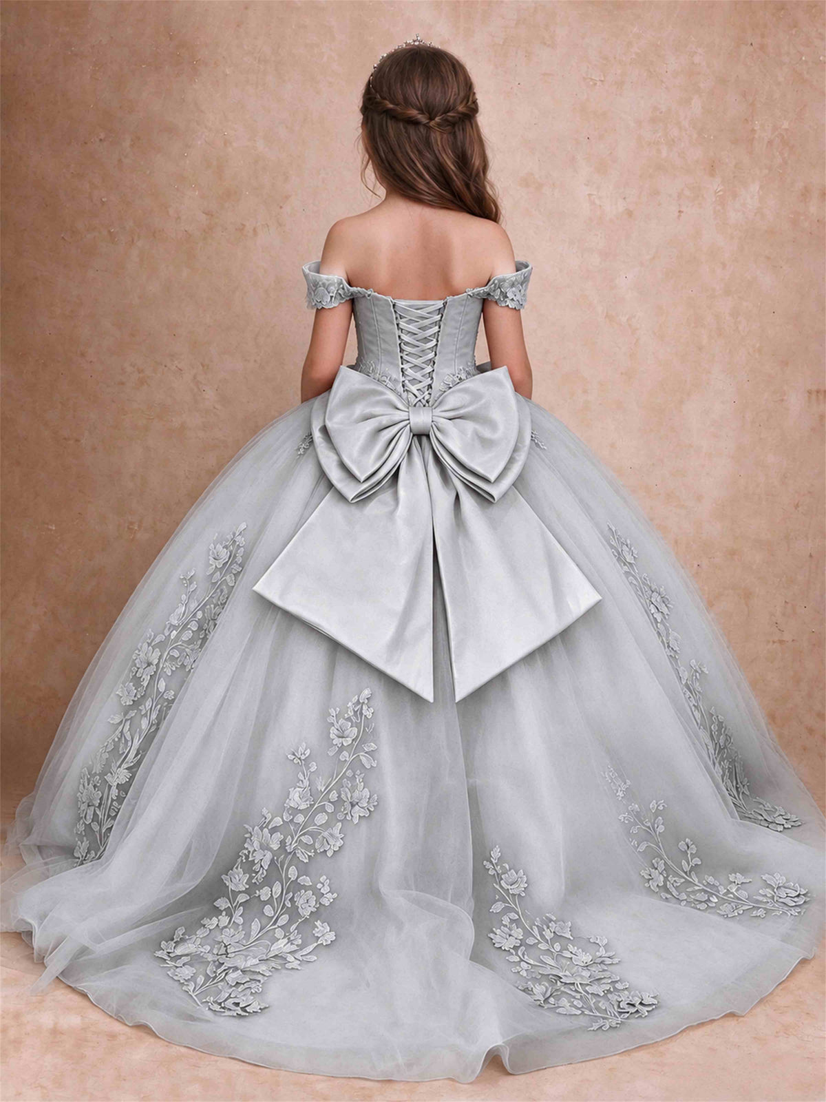 Off The Shoulder 3D Floral Lace Tulle Girls Pageant Dresses Princess Ball Gown