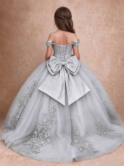 Off The Shoulder 3D Floral Lace Tulle Girls Pageant Dresses Princess Ball Gown