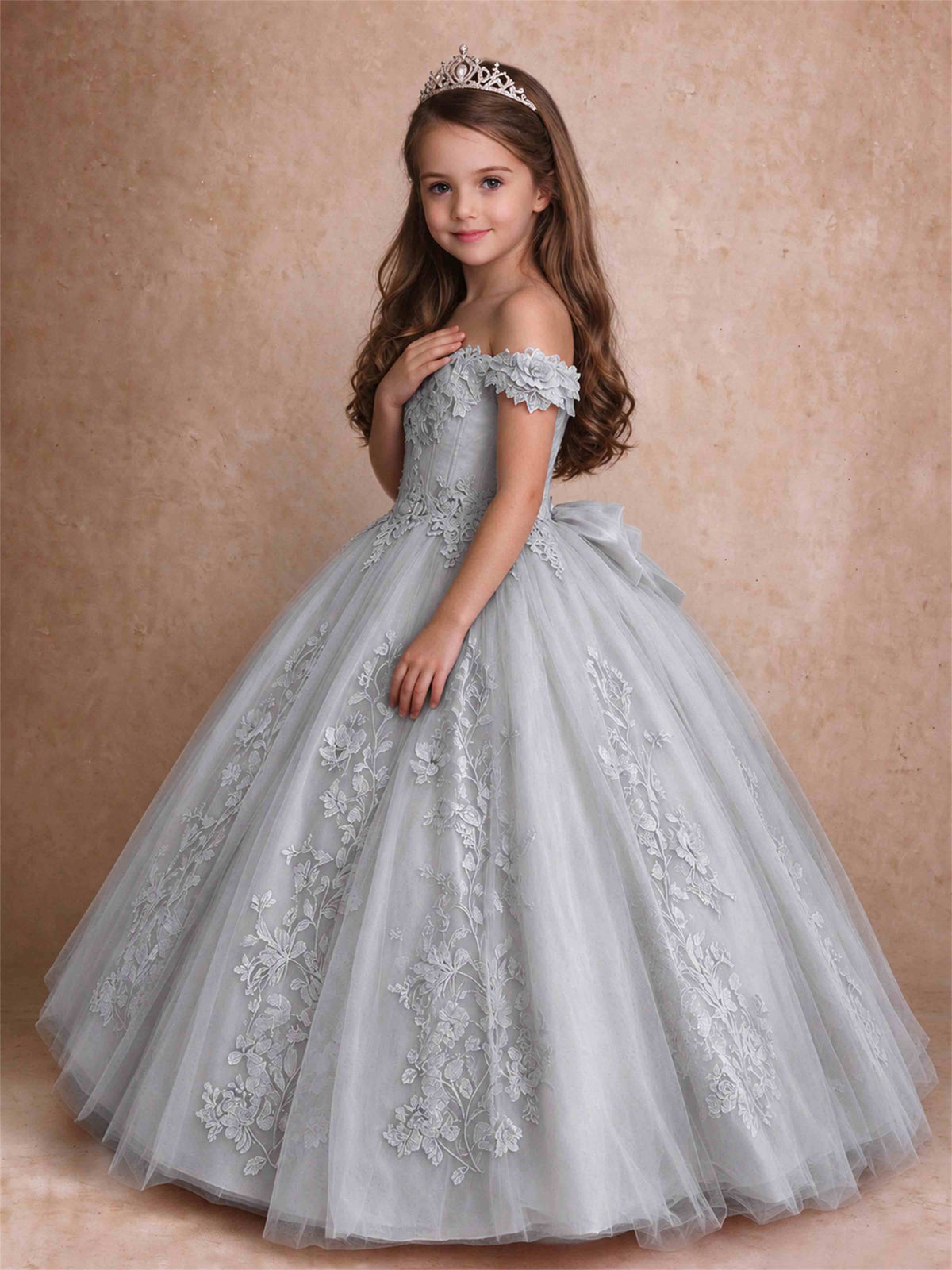 Off The Shoulder 3D Floral Lace Tulle Girls Pageant Dresses Princess Ball Gown