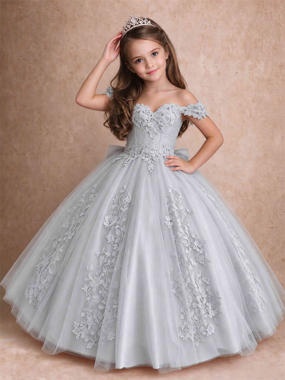 Off The Shoulder 3D Floral Lace Tulle Girls Pageant Dresses Princess Ball Gown