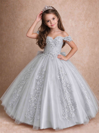 Off The Shoulder 3D Floral Lace Tulle Girls Pageant Dresses Princess Ball Gown
