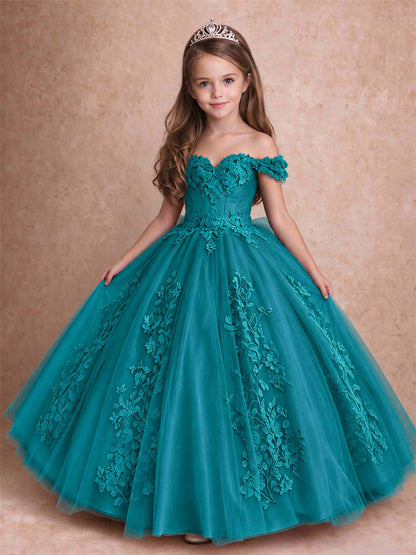 Off The Shoulder 3D Floral Lace Tulle Girls Pageant Dresses Princess Ball Gown