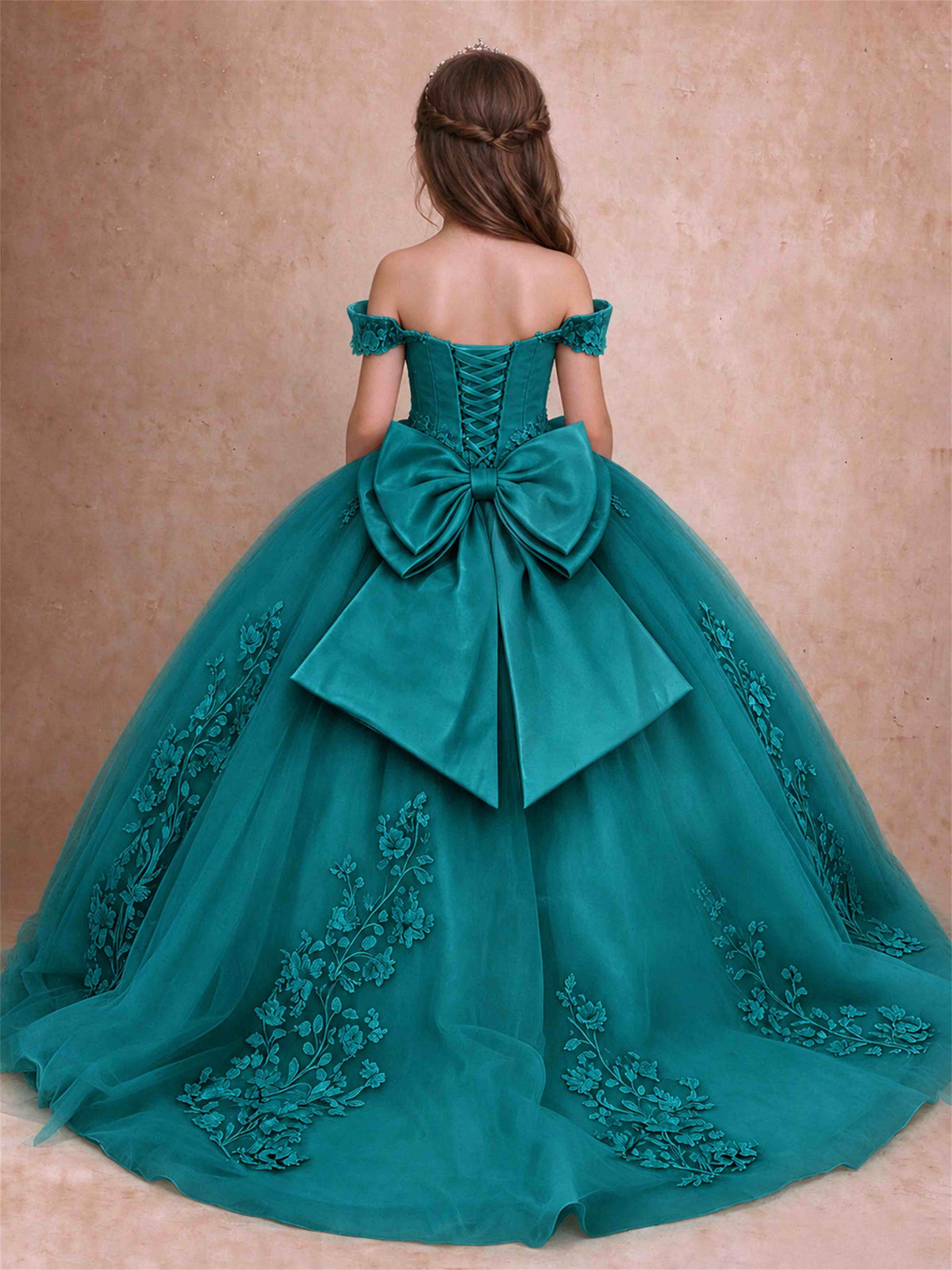Off The Shoulder 3D Floral Lace Tulle Girls Pageant Dresses Princess Ball Gown