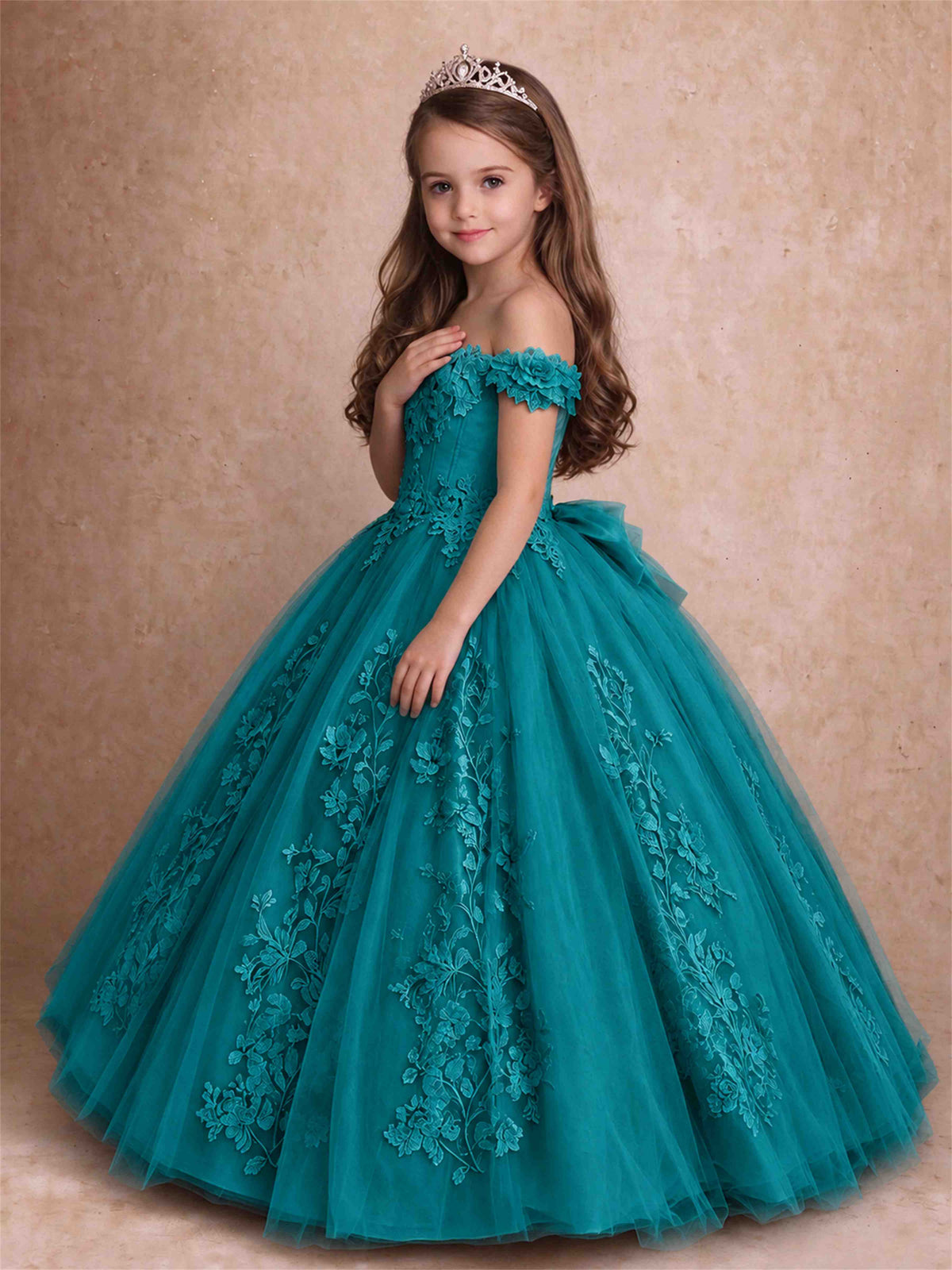 Off The Shoulder 3D Floral Lace Tulle Girls Pageant Dresses Princess Ball Gown