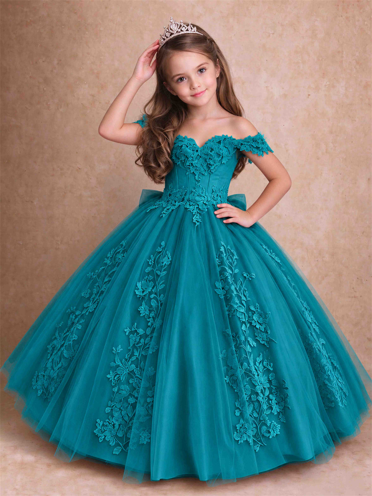 Off The Shoulder 3D Floral Lace Tulle Girls Pageant Dresses Princess Ball Gown