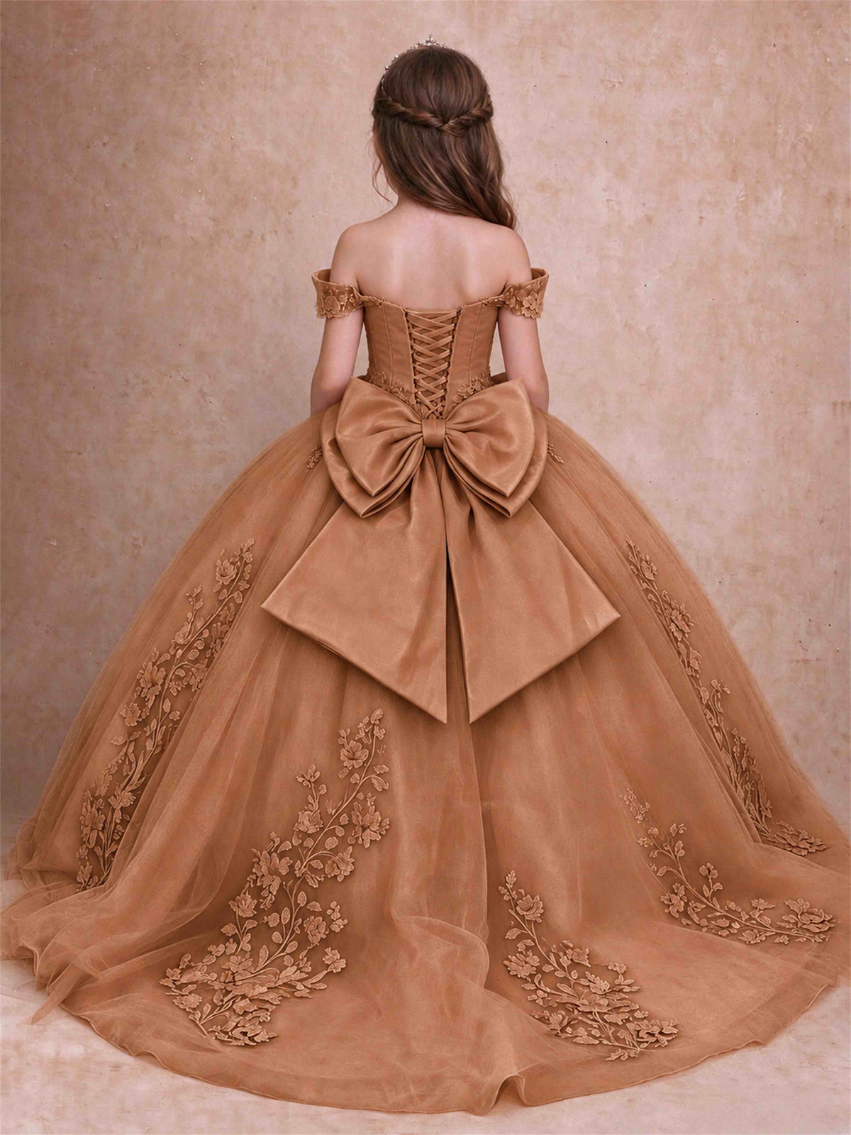 Off The Shoulder 3D Floral Lace Tulle Girls Pageant Dresses Princess Ball Gown