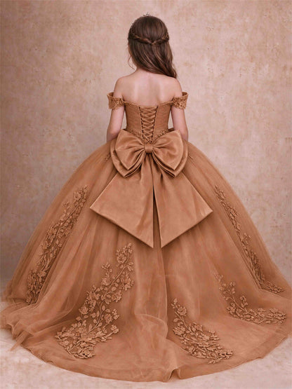 Off The Shoulder 3D Floral Lace Tulle Girls Pageant Dresses Princess Ball Gown
