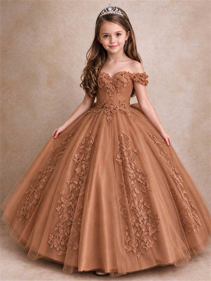 Off The Shoulder 3D Floral Lace Tulle Girls Pageant Dresses Princess Ball Gown