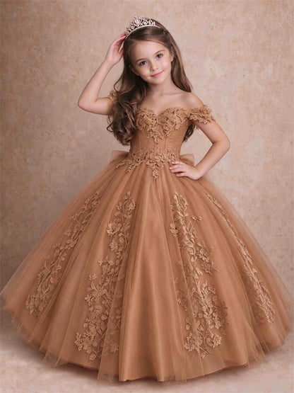 Off The Shoulder 3D Floral Lace Tulle Girls Pageant Dresses Princess Ball Gown