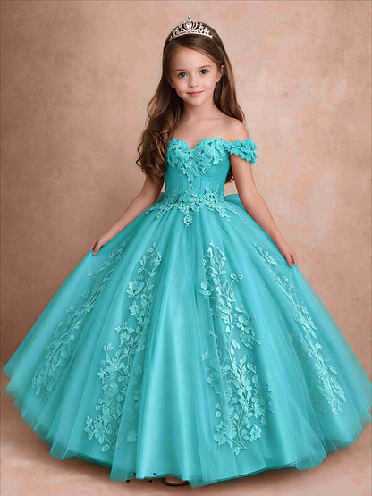 Off The Shoulder 3D Floral Lace Tulle Girls Pageant Dresses Princess Ball Gown