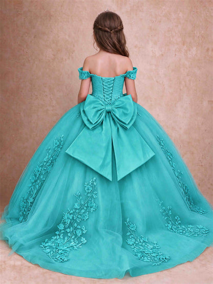 Off The Shoulder 3D Floral Lace Tulle Girls Pageant Dresses Princess Ball Gown