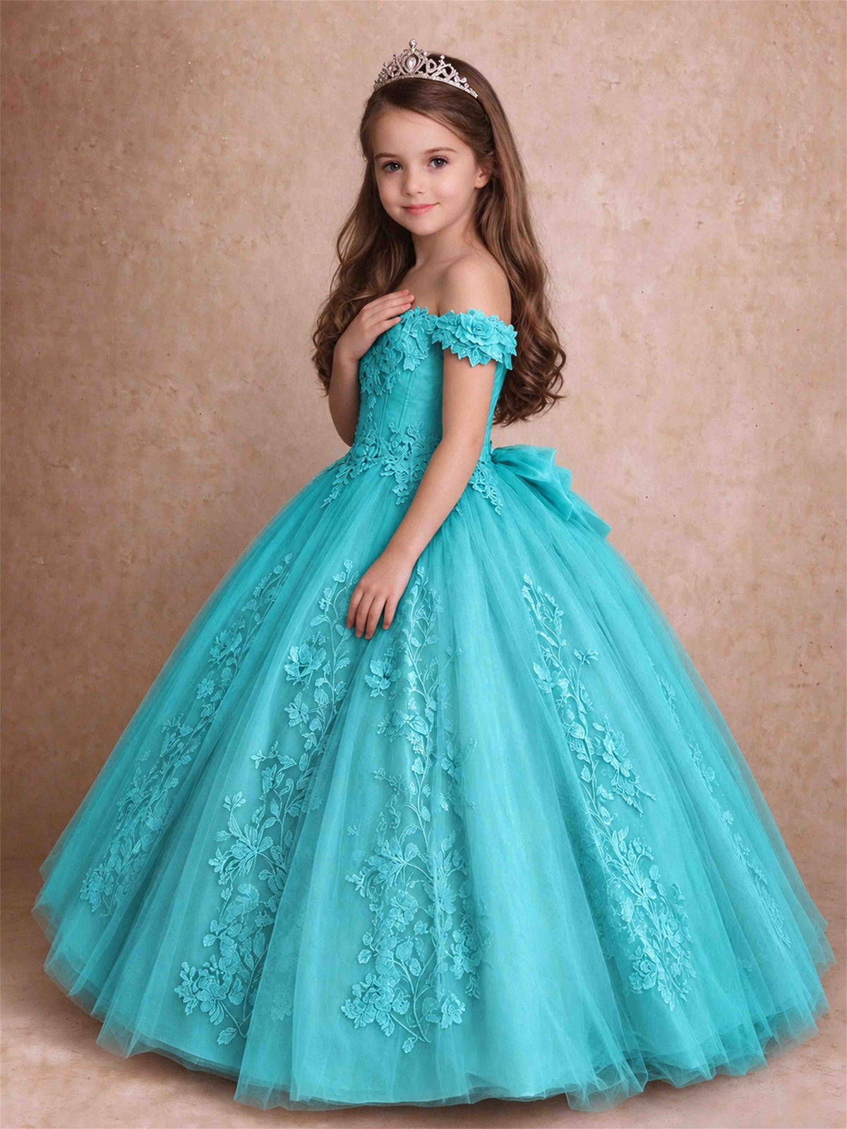 Off The Shoulder 3D Floral Lace Tulle Girls Pageant Dresses Princess Ball Gown