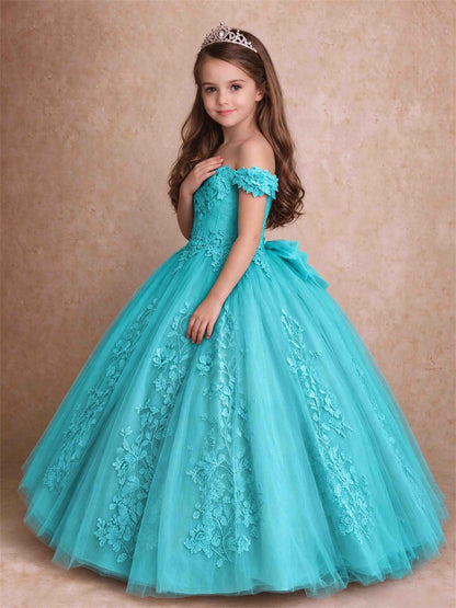 Off The Shoulder 3D Floral Lace Tulle Girls Pageant Dresses Princess Ball Gown