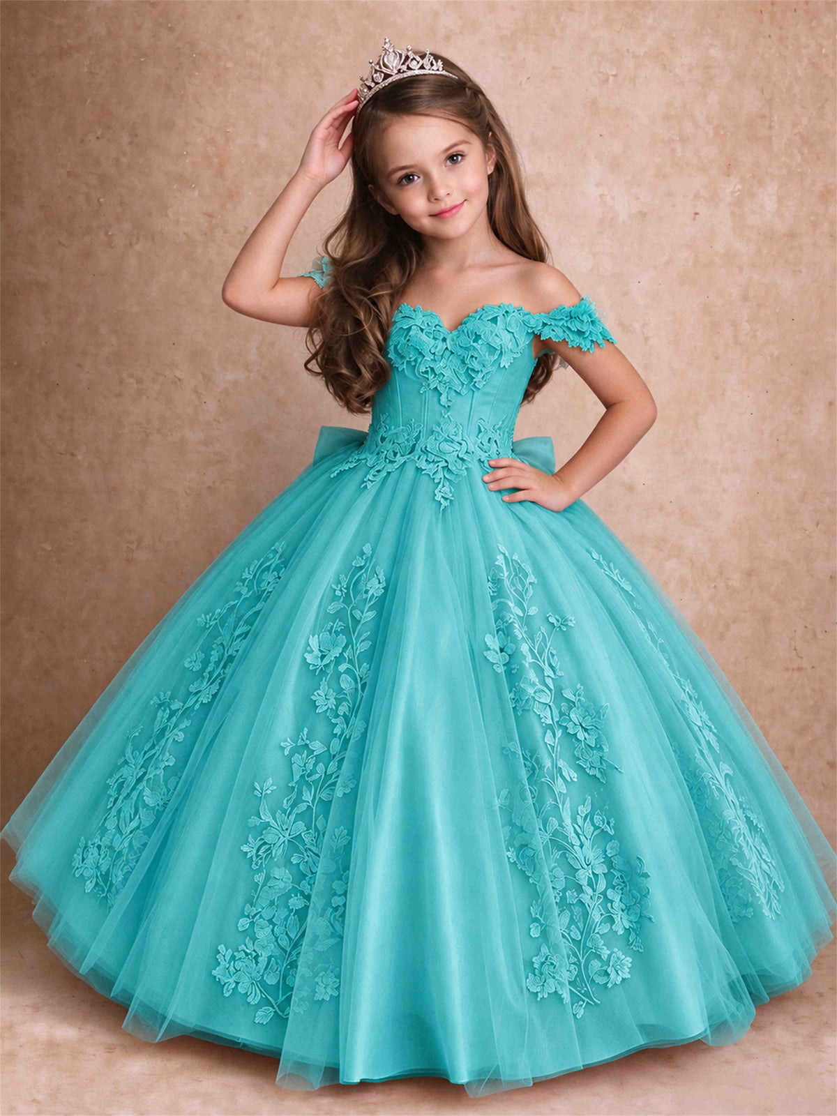 Off The Shoulder 3D Floral Lace Tulle Girls Pageant Dresses Princess Ball Gown