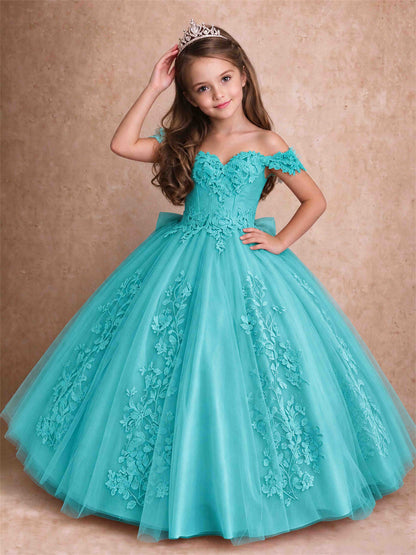 Off The Shoulder 3D Floral Lace Tulle Girls Pageant Dresses Princess Ball Gown