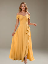 Free Shipping Off-The-Shoulder Chiffon Maxi Bridesmaid Dress with Ruffle Slit