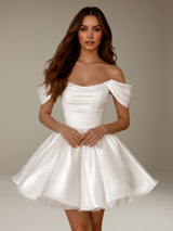Free Shipping Off-The-Shoulder Mini Ruched Bodice Corset Lace Up Back A Line Flare Skirt Cocktail Homecoming Dress