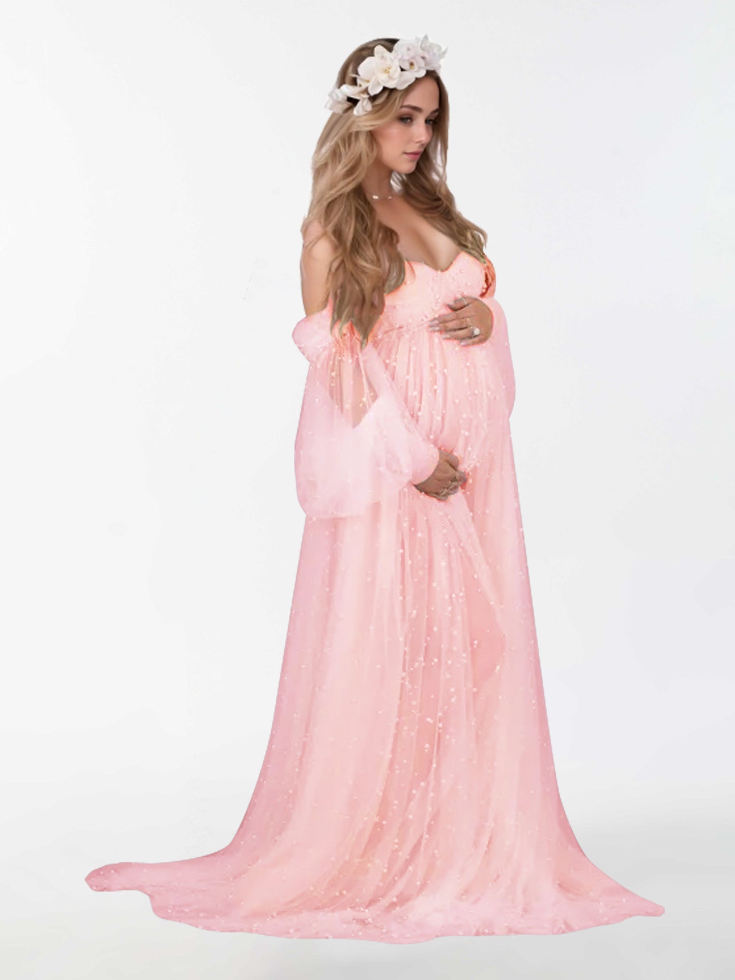 Off The Shoulder Pearl Tulle Robe for Maternity Photography Dresses