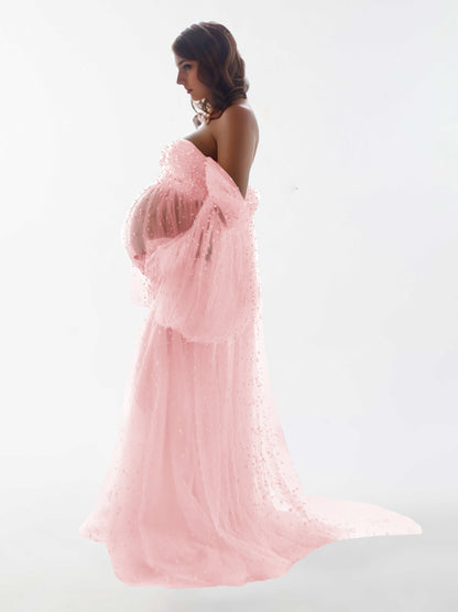 Off The Shoulder Pearl Tulle Robe for Maternity Photography Dresses