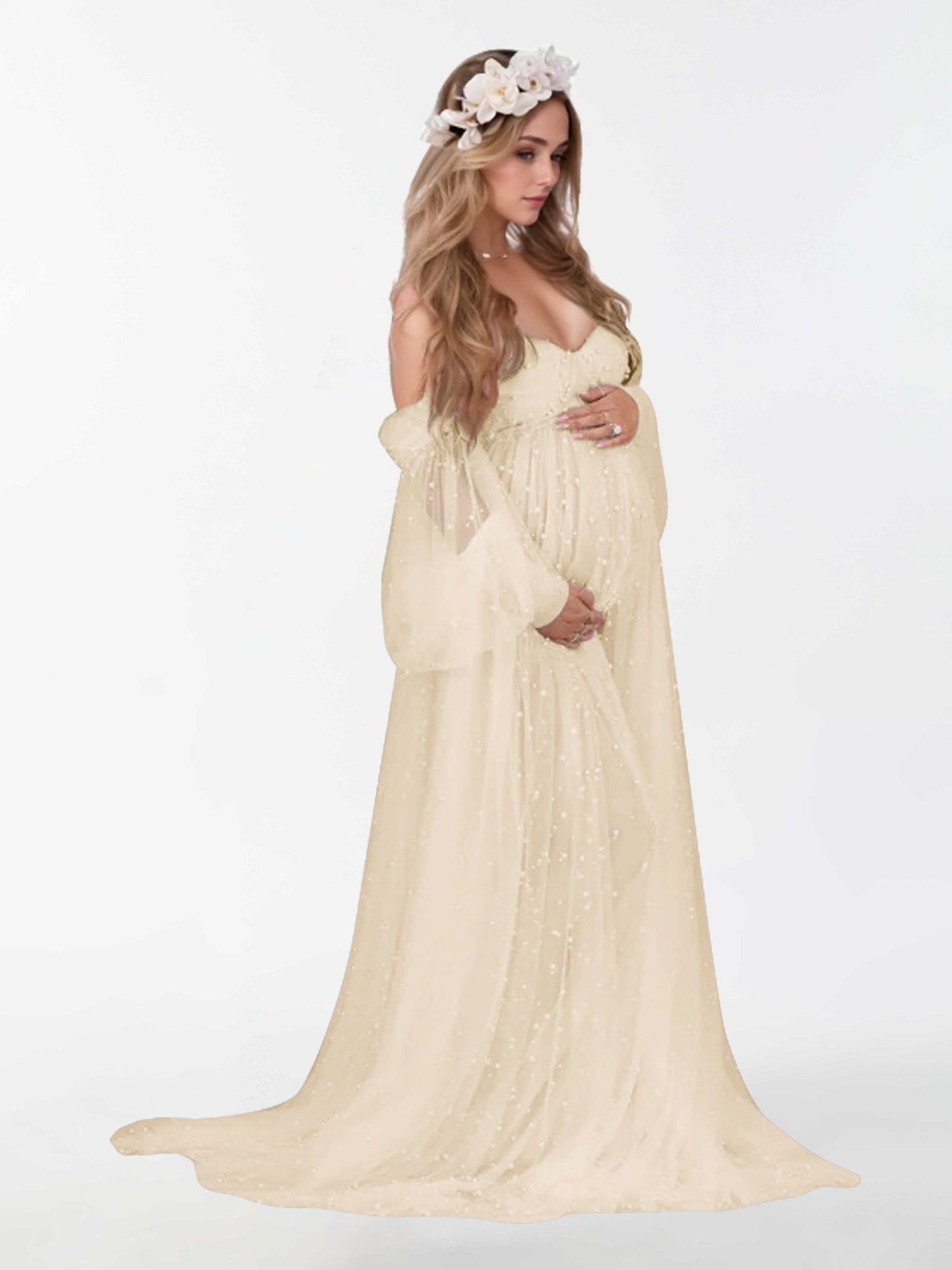 Off The Shoulder Pearl Tulle Robe for Maternity Photography Dresses