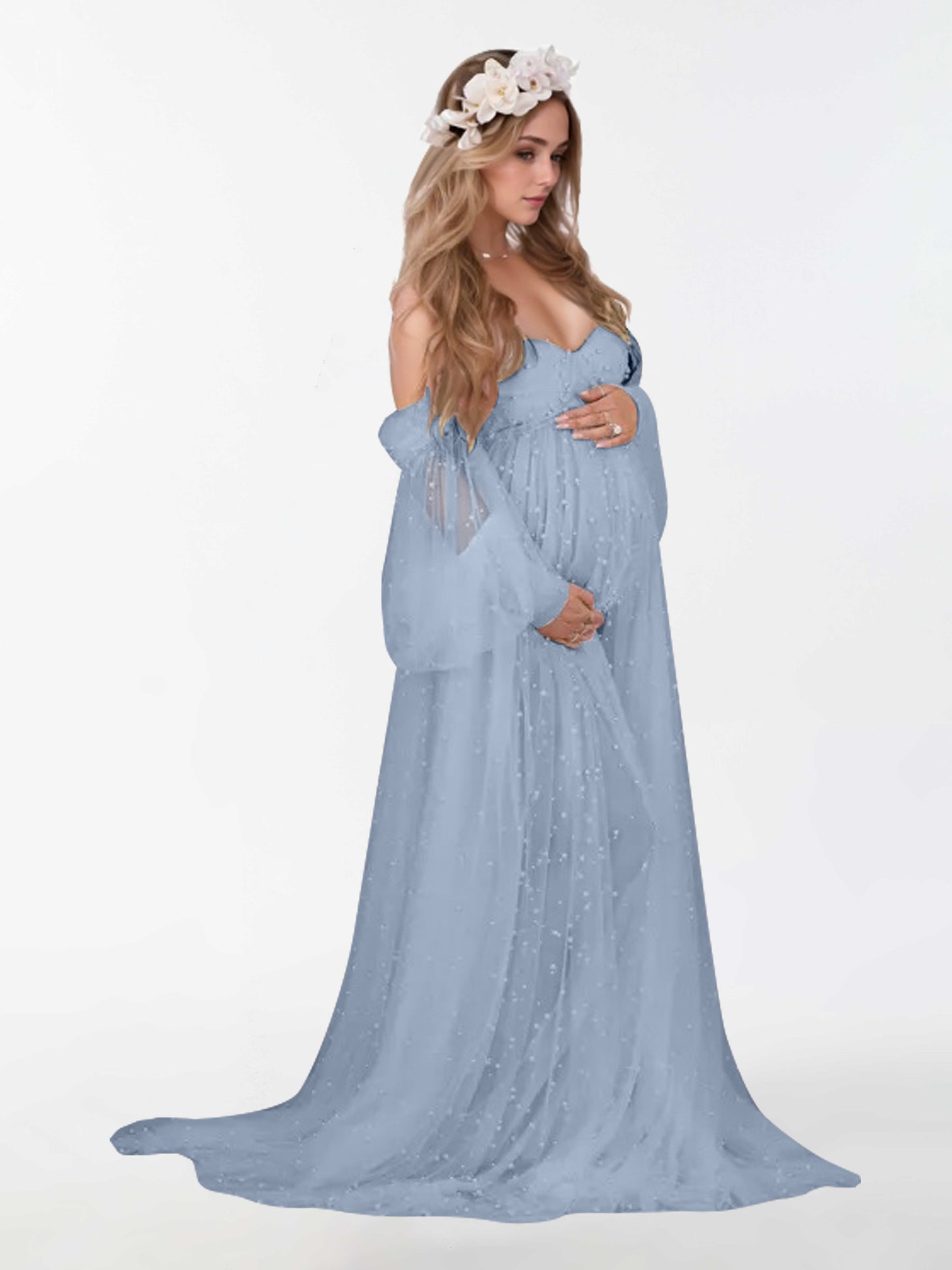 Off The Shoulder Pearl Tulle Robe for Maternity Photography Dresses