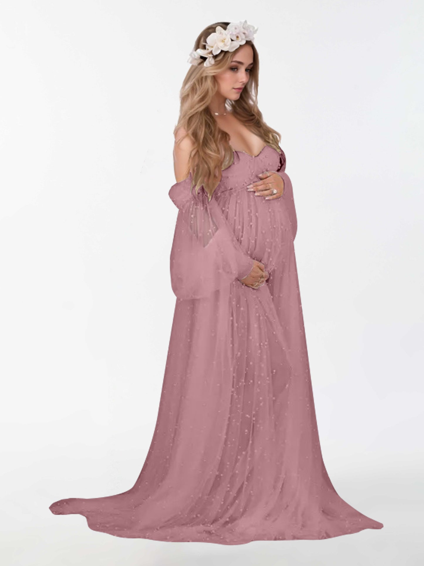 Off The Shoulder Pearl Tulle Robe for Maternity Photography Dresses