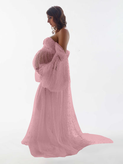 Off The Shoulder Pearl Tulle Robe for Maternity Photography Dresses