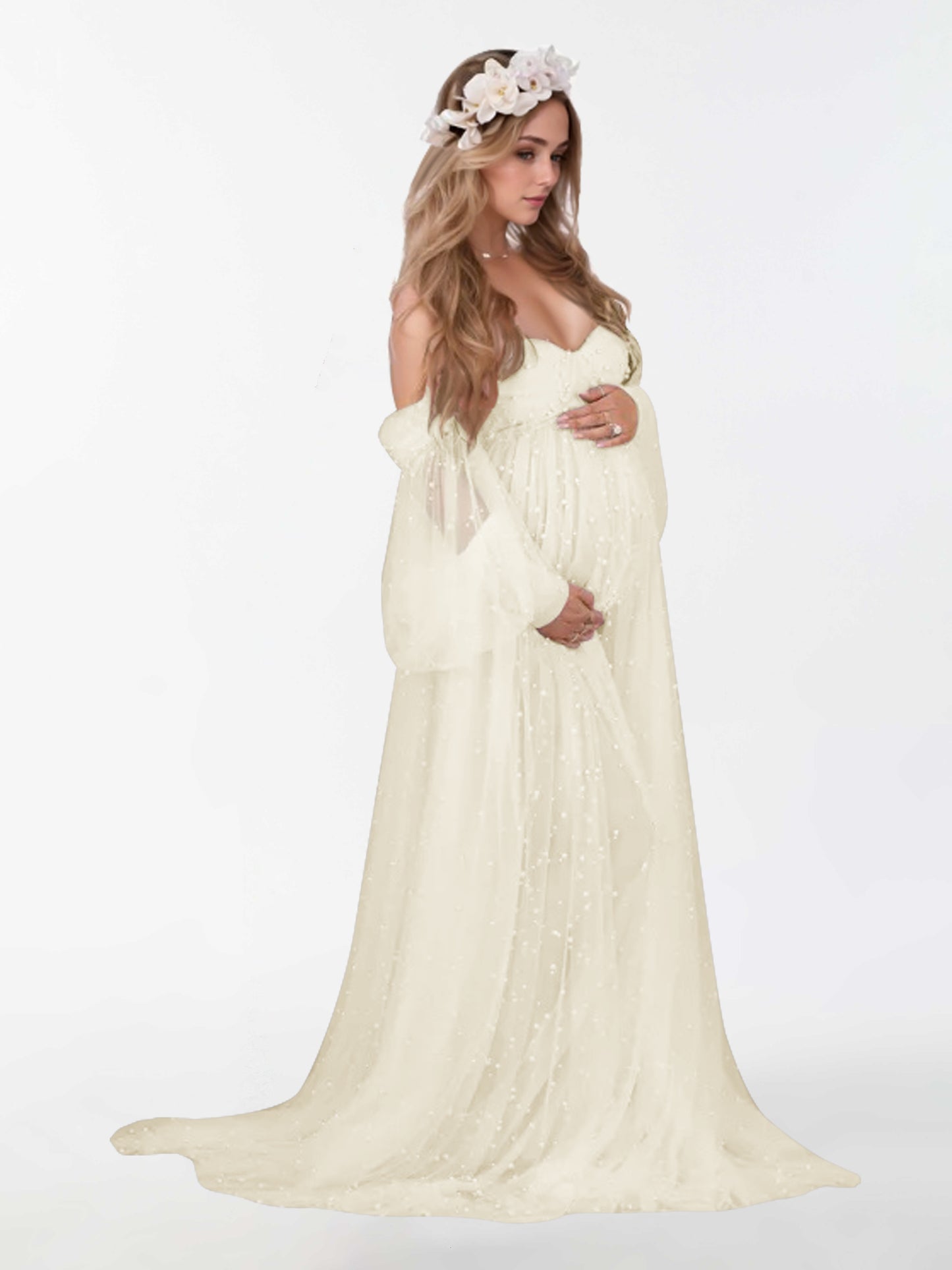 Off The Shoulder Pearl Tulle Robe for Maternity Photography Dresses