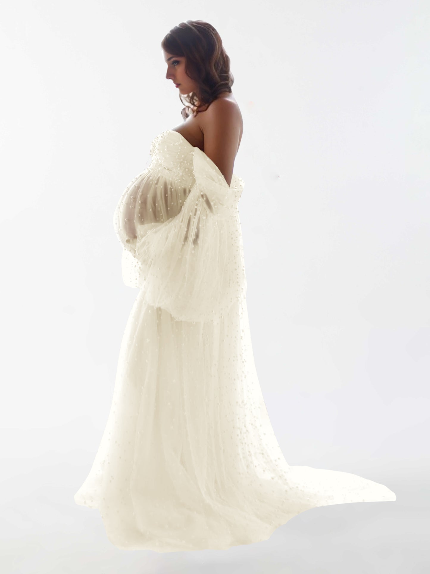 Off The Shoulder Pearl Tulle Robe for Maternity Photography Dresses