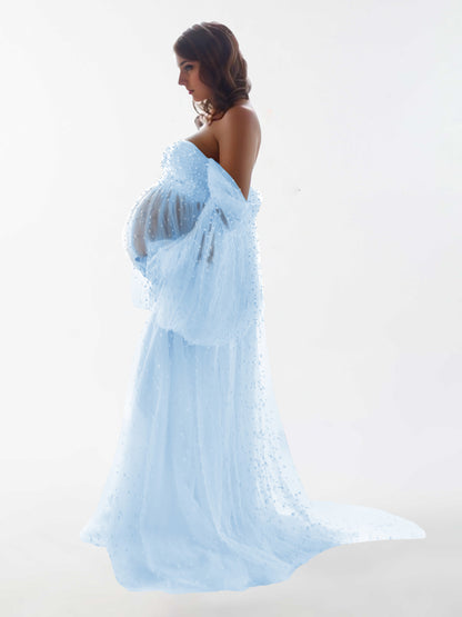 Off The Shoulder Pearl Tulle Robe for Maternity Photography Dresses