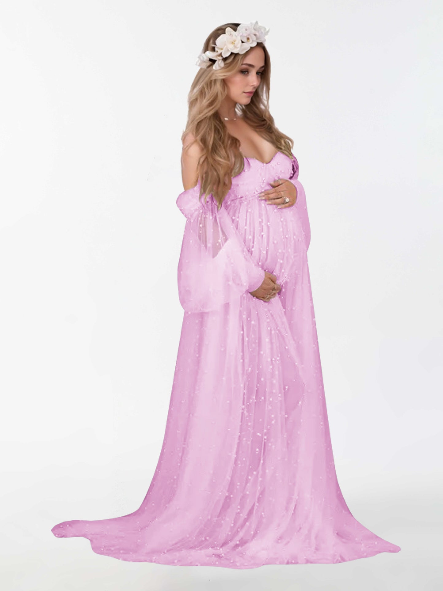 Off The Shoulder Pearl Tulle Robe for Maternity Photography Dresses