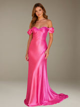 Free Shipping Off-The-Shoulder Ruched Mermaid Evening Maxi Dress Puff Sleeve Bow Detail