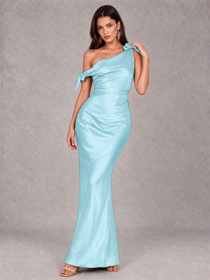 Off-The-Shoulder Ruched Sleeveless Mermaid Satin Wedding Guest Dress