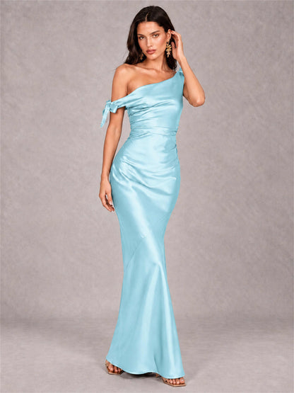 Off-The-Shoulder Ruched Sleeveless Mermaid Satin Wedding Guest Dress