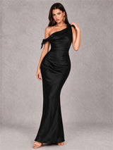 Off-The-Shoulder Ruched Sleeveless Mermaid Satin Wedding Guest Dress
