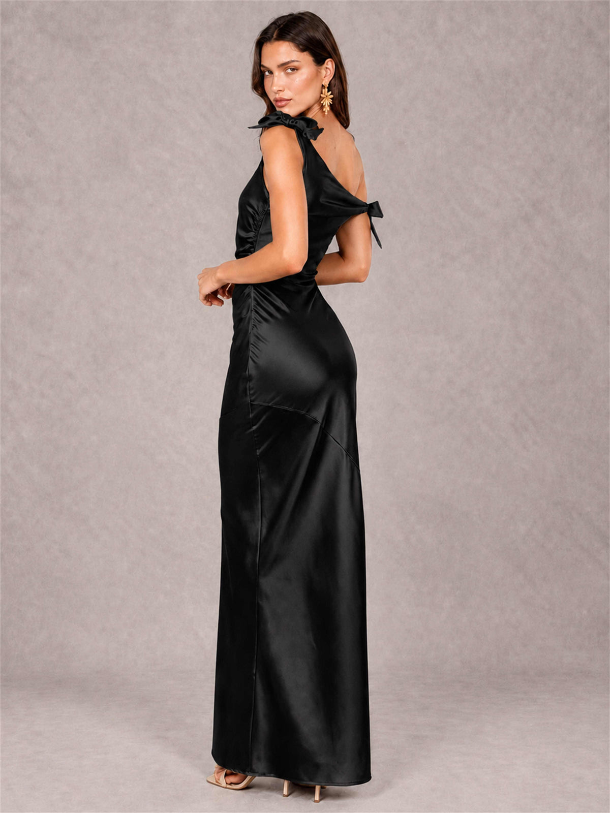 Off-The-Shoulder Ruched Sleeveless Mermaid Satin Wedding Guest Dress