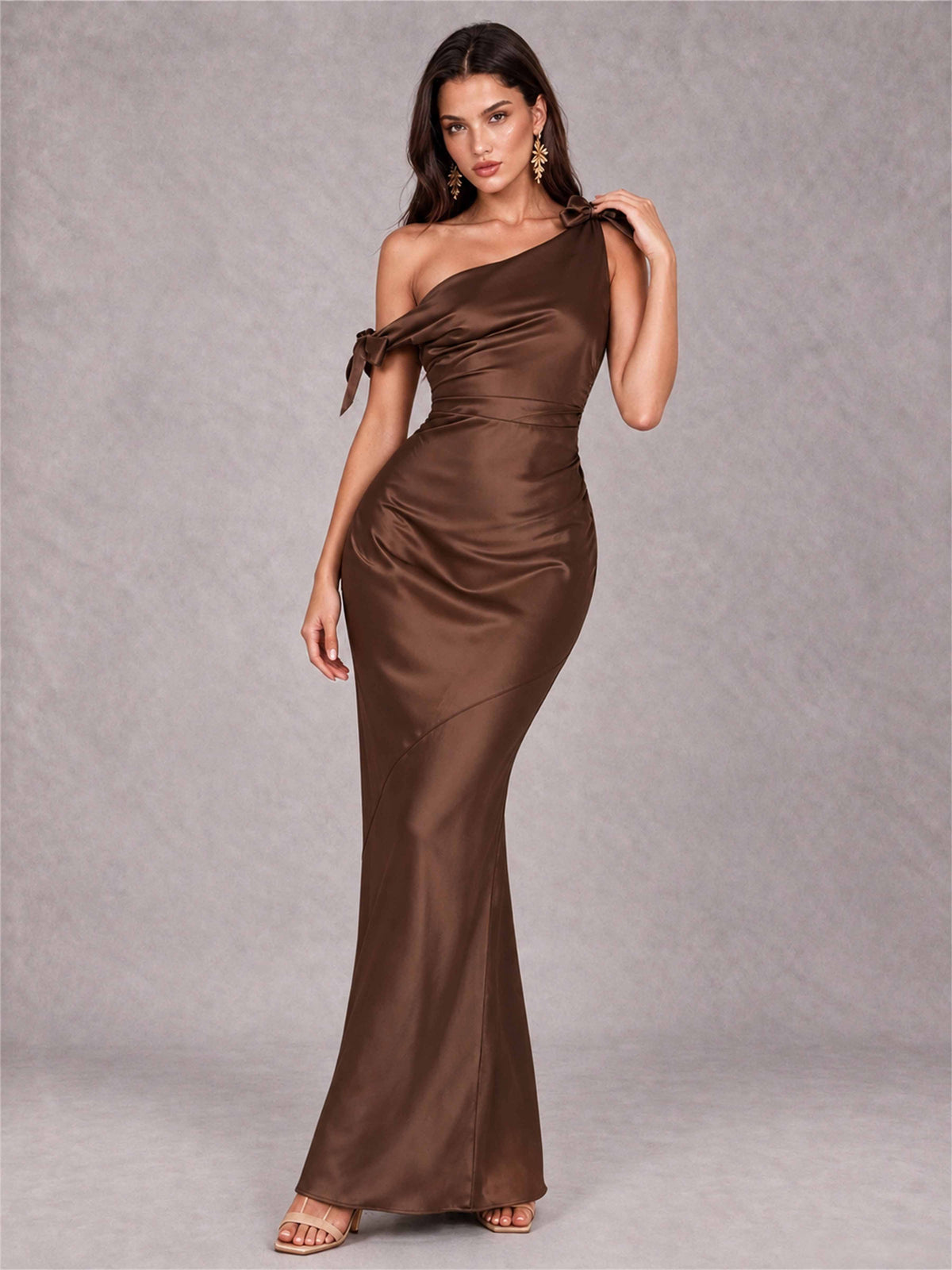 Off-The-Shoulder Ruched Sleeveless Mermaid Satin Wedding Guest Dress