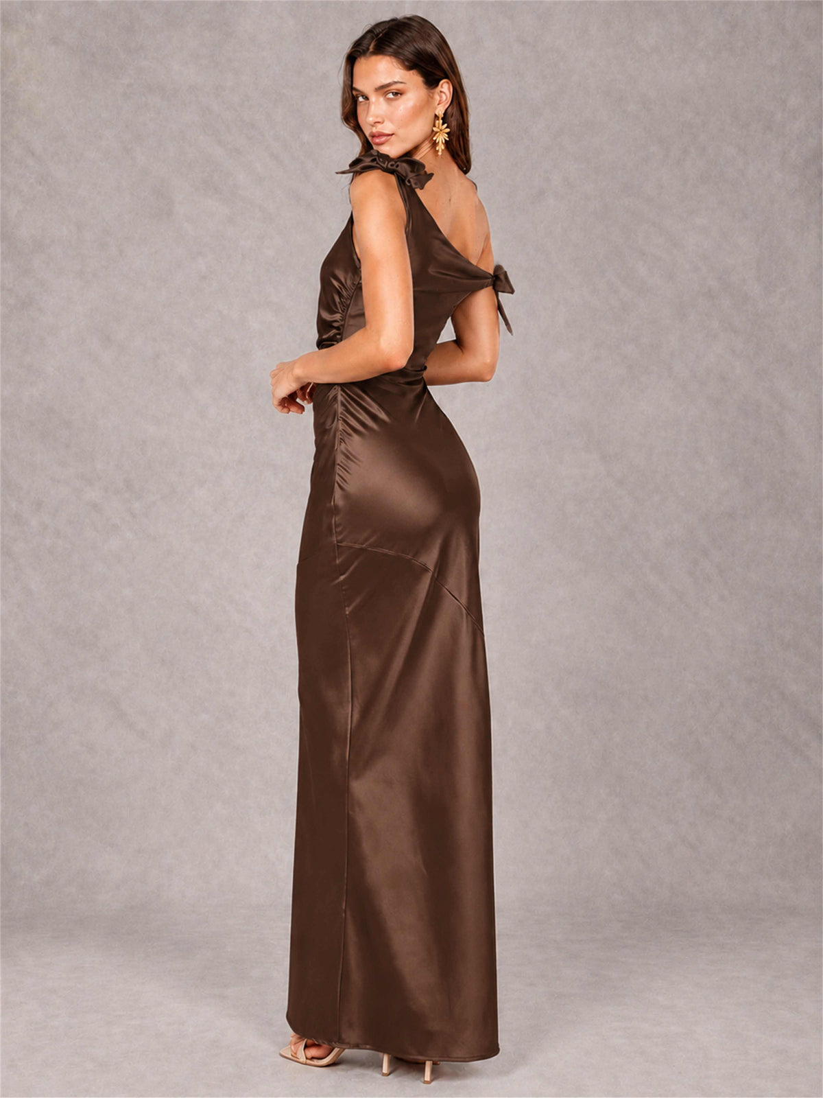 Off-The-Shoulder Ruched Sleeveless Mermaid Satin Wedding Guest Dress