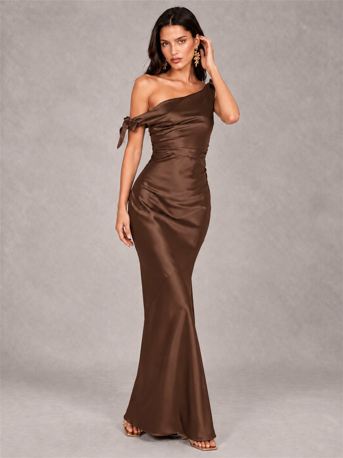 Off-The-Shoulder Ruched Sleeveless Mermaid Satin Wedding Guest Dress